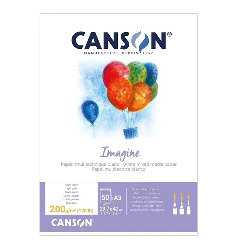 Skicár Imagine od firmy CANSON obsahuje čisto biely vysoko kvalitný papier, na ktorom krásne vyniknú všetky farebné odtiene akvarelu. Papier má hodvábn