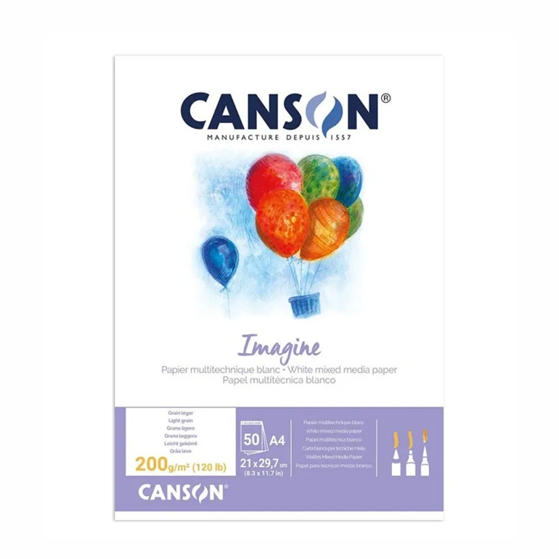 Skicár Imagine od firmy CANSON obsahuje čisto biely vysoko kvalitný papier, na ktorom krásne vyniknú všetky farebné odtiene akvarelu. Papier má hodvábn