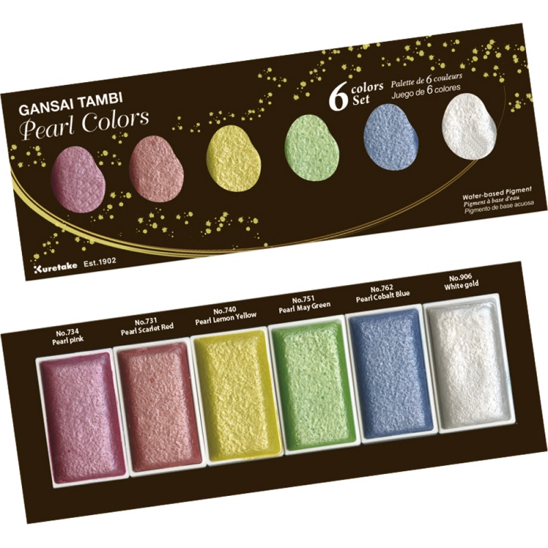 Akvarelové farby GANSAI TAMBI od značky Kuretake prinášajú sadu 6 odtieňov prekrásnych a výrazných perleťových odtieňov akvarelových farieb. Sú vh