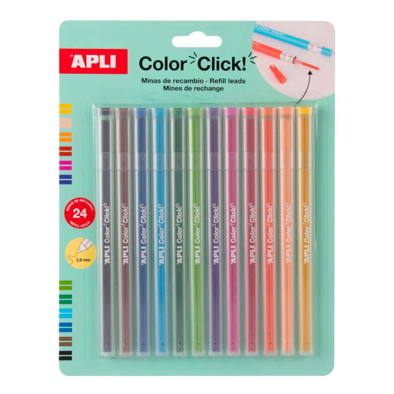 Súprava náhradných túh do stláčacích pasteliek. Každá farba obsahuje 2 tuhy, ktoré sú jednotlivo zabalené v plastovom puzdre. Vysoký obsah pigment