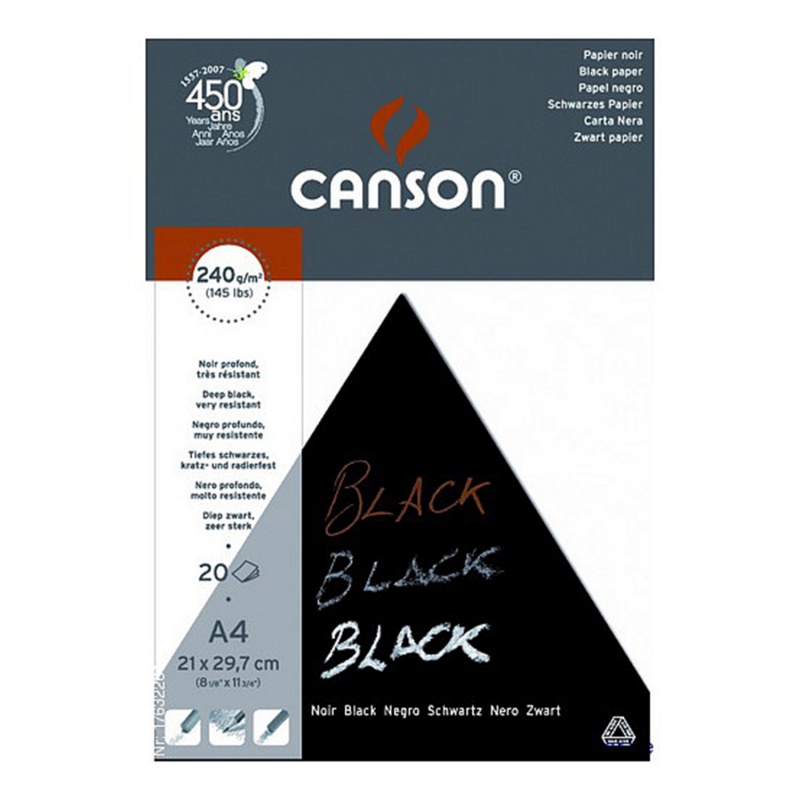 Canson Black blok je skicár s čiernym papierom. Jemný hladký povrch je perfektný na všetky suché aj mokré techniky. Obzvlášť na tomto papieri vynikn
