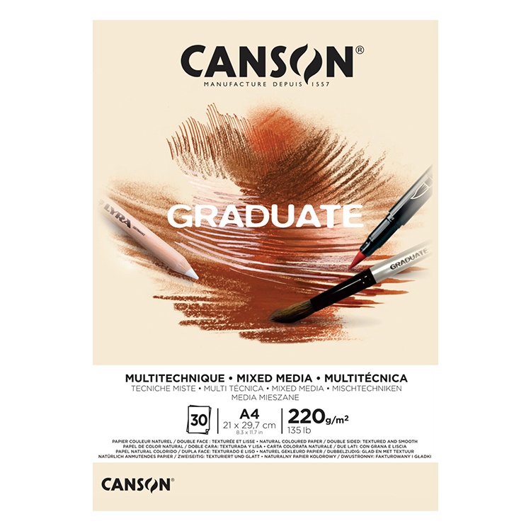 Skicár Canson Graduate Mixed Media je ideálny na rôzne techniky - náčrtky ceruzkou, akvarelom, alebo fixy. Každá strana papiera má inú štruktúru - z 
