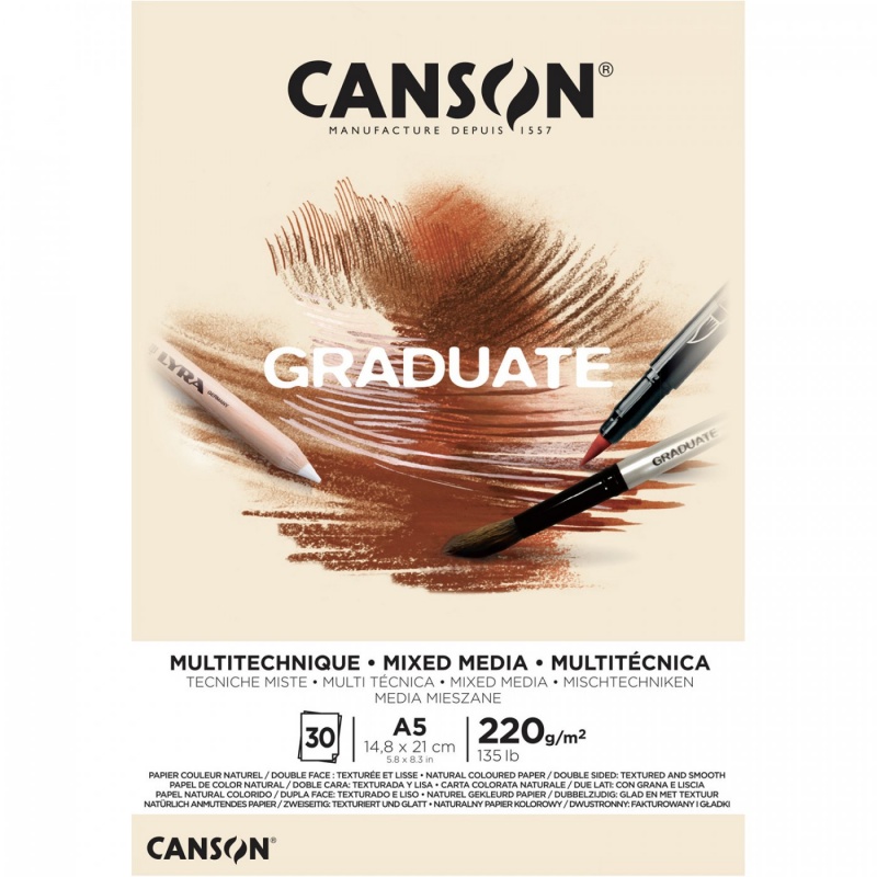 Skicár Canson Graduate Mixed Media je ideálny na rôzne techniky - náčrtky ceruzkou, akvarelom, alebo fixy. Každá strana papiera má inú štruktúru - z 