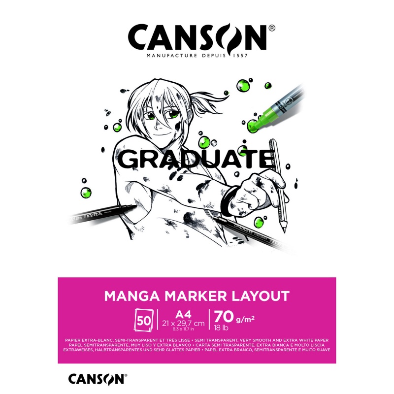 Skicár Canson Manga Marker je skicár s polopriehľadným ultra-bielym papierom s veľmi jemným povrchom. Obsahuje povrchovú vrstvu, ktorá odolá vode a br