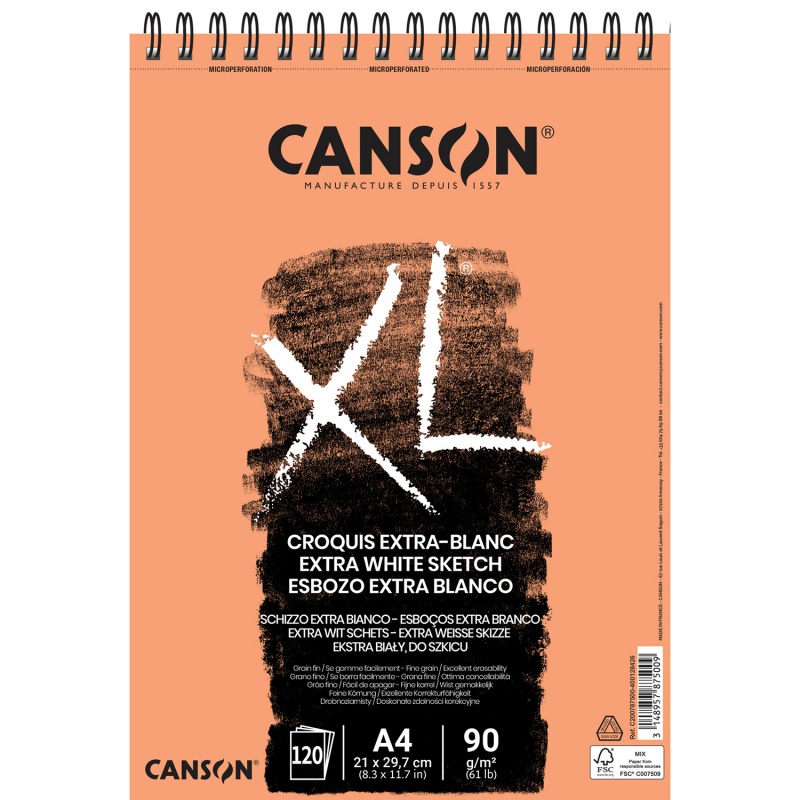 Canson Skicár XL sketch extra blanc je skicár s extra bielym papierom jemnej štruktúry, vytvorený presne pre požiadavky študentov umenia. Pevný papier p