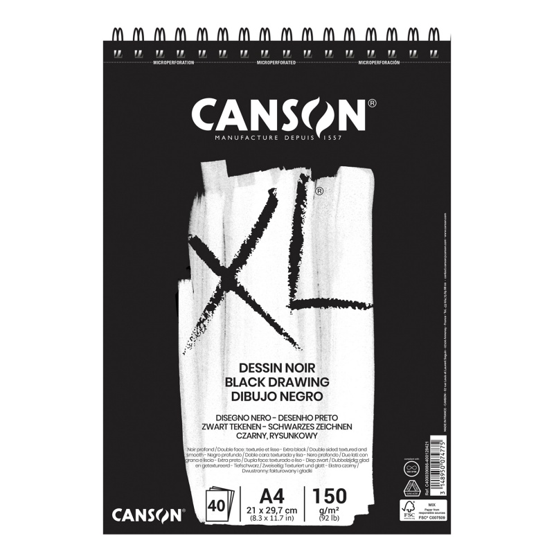 XL DESSIN NOIR skicár značky Canson obsahuje čierny papier skvelý na kreslenie, skicovanie a kaligrafiu. Krásne na ňom vyniknú bledé a metalické odtien