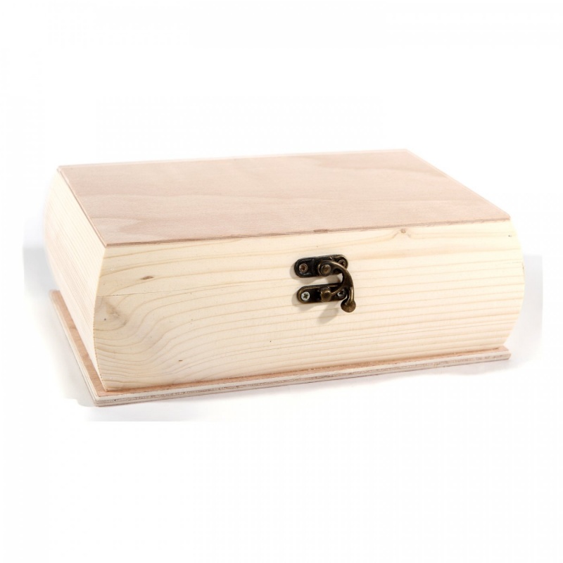 Drevená truhlička zaoblená je z hladkého dreva a neobsahuje zatváranie. Truhlička má výrazné ostré hrany a rozšírenú spodnú časť. Poklop je rovn