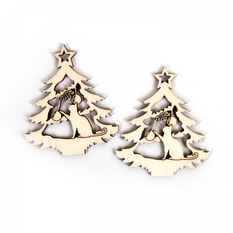 Drevené ozdoby v tvare vianočný strom s mačkou využijete pri tvorbe vianočných ozdôb, pri dekorovaní macramé výtvorov či pri scrapbooking projektoch