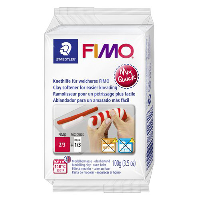 Fimo Mix quick zmäkčovač hmoty FIMO zjemňuje a zmäkčuje hmotu, zjednodušuje a skracuje dobu jej miesenia. Je vhodné ho použiť aj pri miešaní nových