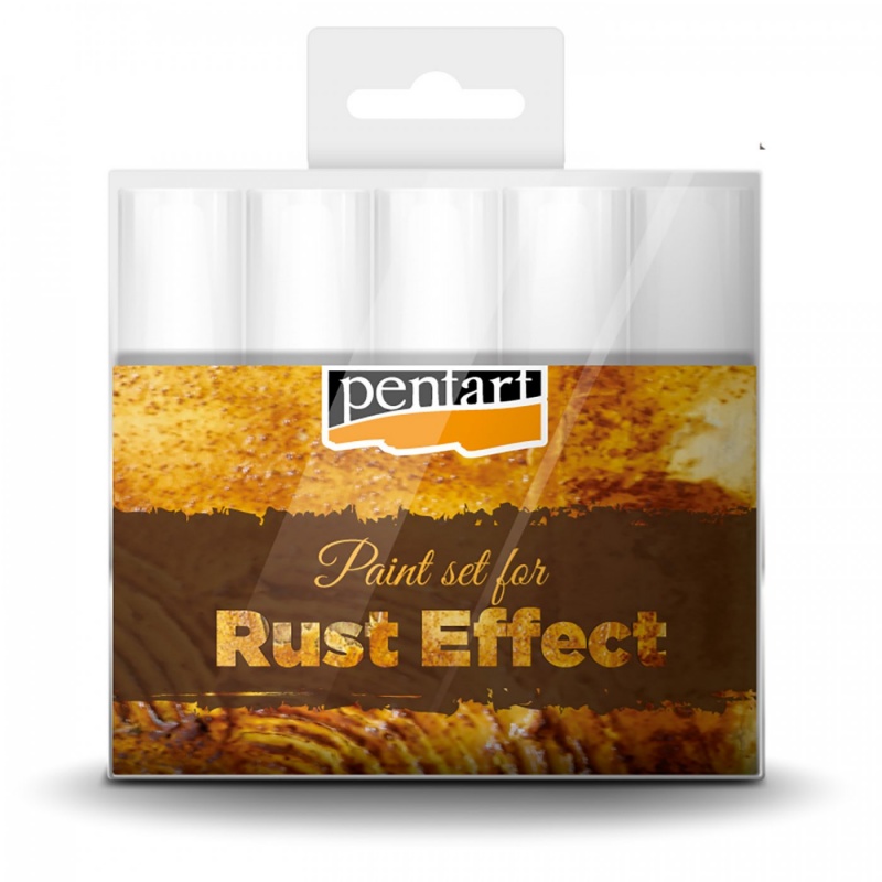 Hrdzavý efekt, set farieb (Rust effect paint set) je set akrylových farieb na dosiahnutie hrdzavého efektu aplikujte na predmety od svetlejšieho odtieňa k 