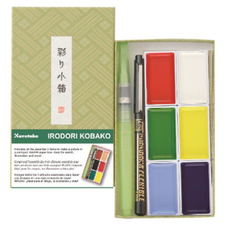 Akvarelová sada Irodori Kobako Red Gansai Tambi od značky Kuretake prinášajú sadu 6 odtieňov akvarelových farieb, vodný štetec a flexibilné pero Manga