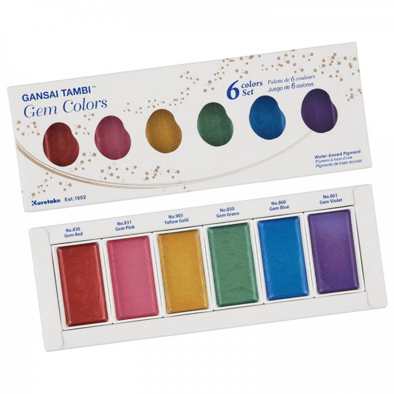 Gansai Tambi Gem Colors od Kuretake sú akvarelové farby, ktoré obsahujú metalický pigment s trblietavým leskom. Sú určené pre profesionálnych umelcov.