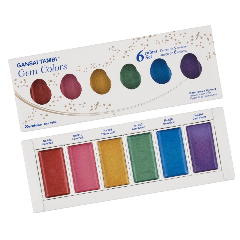 Gansai Tambi Gem Colors od Kuretake sú akvarelové farby, ktoré obsahujú metalický pigment s trblietavým leskom. Sú určené pre profesionálnych umelcov.