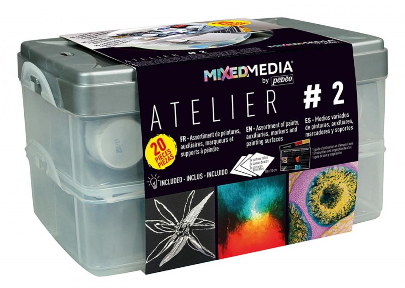 Kufrík Mixed media obsahuje:2x20 ml farbu Vitrail a Prisme - 1 x 20 ml farbu Moon a Ceramic - 1 x 45 ml zosvetľujúce médium - 1 x 40 ml podkladovú farbu ge