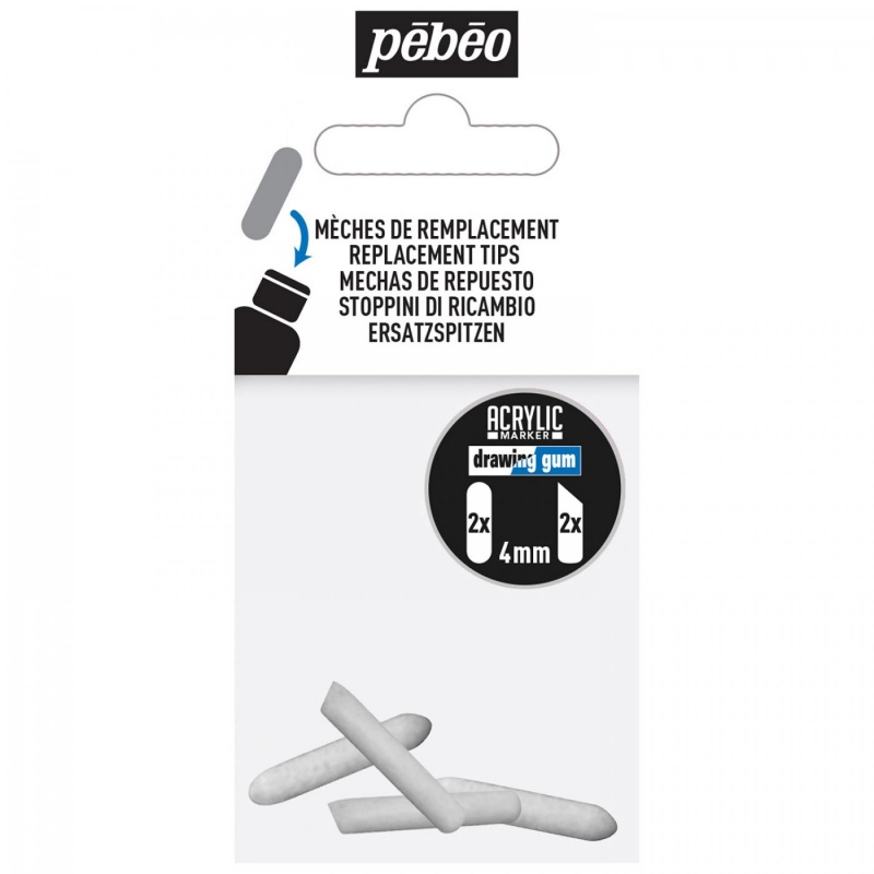 PEBEO sada náhradných hrotov na akrylové fixky (Acrylic marker replacement nibs) obsahuje 4 mm náhradné hroty - 2 ks guľaté a 2 špicaté hroty.
