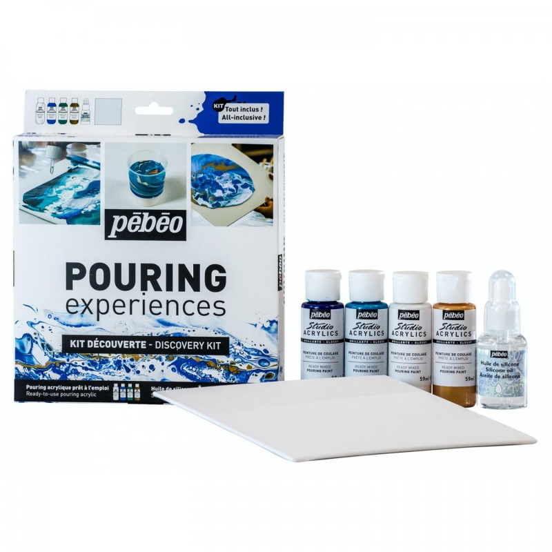 Sada Pouring discovery kit od francúzskej značky Pébéo je sada 4 fľaštičiek zmesy akrylovej farby a pouring média na vodne