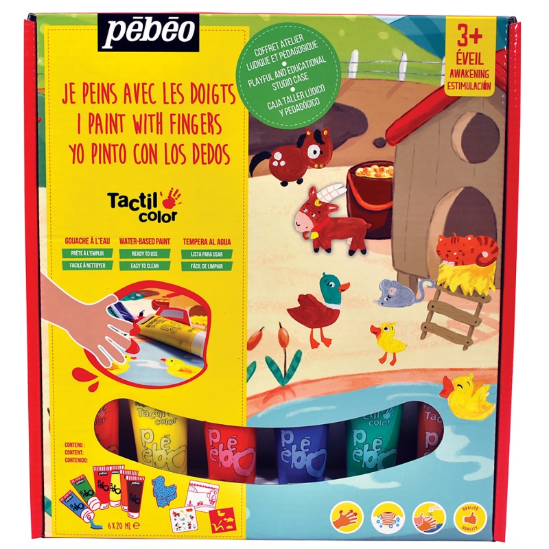 Tactilcolor sada obsahuje prstové farby od Pébéo. Sú vhodné pre deti od troch rokov a formou hry pomáhajú ďeťom učiť sa rozlišovať farby, podporova