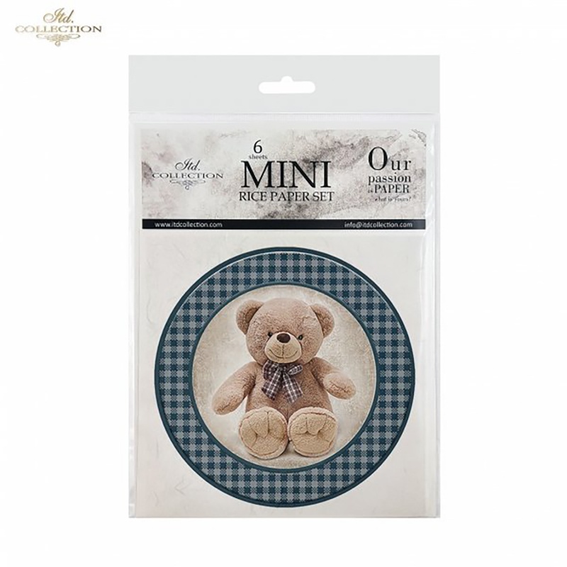 Ryžový papier, mini set obsahuje motív mackov.
Ryžový papier je tenký, polopriehľadný papier z gramážou 30g/m2 vhodný na tvorbu technikou dekupáž,