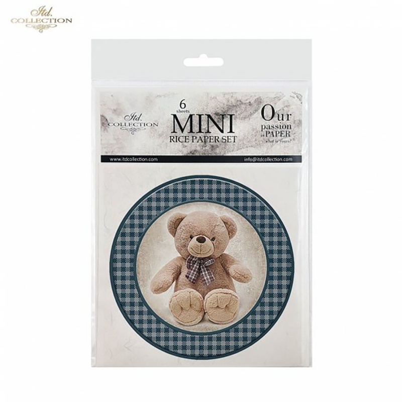 Ryžový papier, mini set obsahuje motív mackov.
Ryžový papier je tenký, polopriehľadný papier z gramážou 30g/m2 vhodný na tvorbu technikou dekupáž,