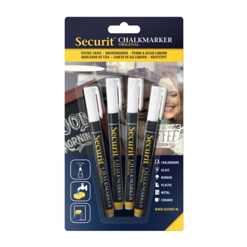 Sada 4 kriedových fixiek Securit pomôže pri domácich a aj pracovných projektoch ako je zapisovanie poznámok na tabule, zdobenie zrkadiel, okien či stien 