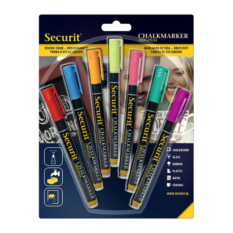 Sada 7 kriedových fixiek Securit pomôže pri domácich a aj pracovných projektoch ako je zapisovanie poznámok na tabule, zdobenie zrkadiel, okien či stien 