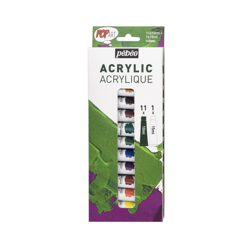 Sada 12 akrylových tubičiek v štýle Pop Art pre študentov. Farby majú matne saténový povrch. Perfektná štartovacia sada, ideálna pre začiatočníkov