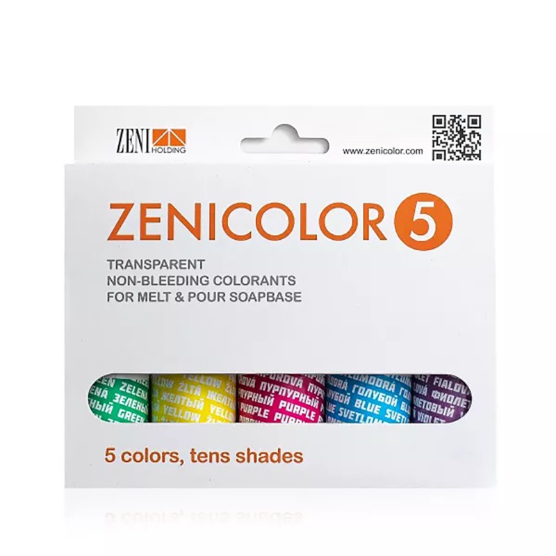 Sada farbív do mydlových hmôt značky ZENICOLOR je praktická sada piatich farieb na zafarbenie priehľadných a bielych typov mydlových hmôt. S ich pomoco
