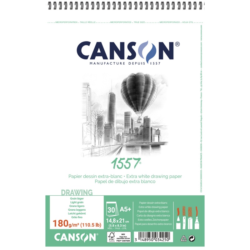 Canson 1557 je skicár v krúžkovanej väzbe s listami papiera s gramážou 180g/m2. Listy papiera majú veľmi jemnú zrnitú štruktúru, preto sú vhodné n