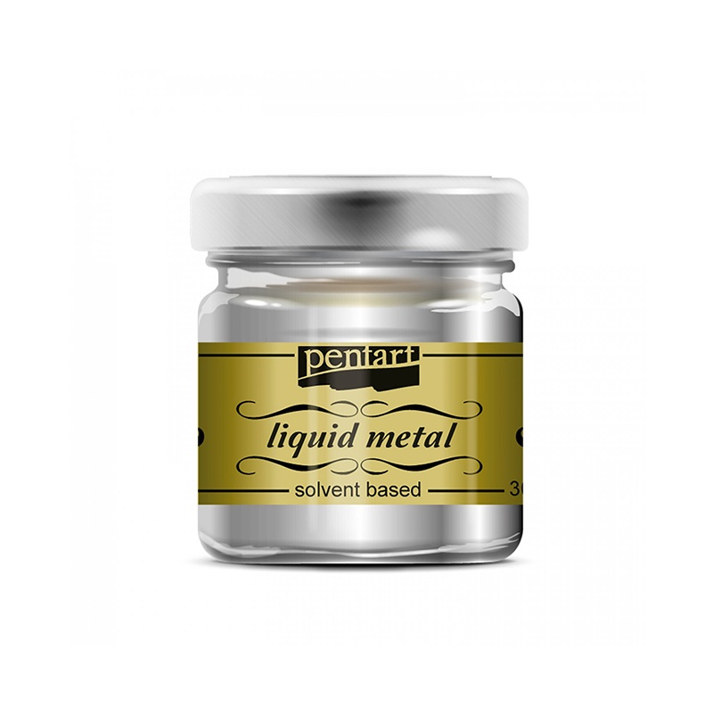 Tekutý kov (liquid metal) od Pentart je syntetická farba s vysokým obsahom pigmentov na imitáciu dokonalého kovového povrchu.
Použitie: pred použitím 