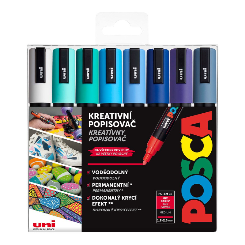 Uni Posca fixka PC-5M je jeden z najpopulárnejších typov popisovačov značky Uni. Marker Posca má okrúhly hrot hrúbky 2,5 mm, ktorý vytvára stredne hru