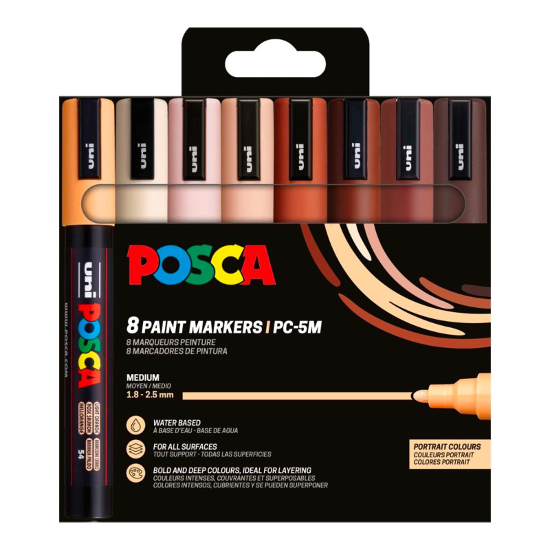 POSCA PC-5M Set 8 ks PORTRAIT obsahuje 8 kvalitných akrylových popisovačov so stredným okrúhlym hrotom v starostlivo vybraných portrétnych odtieňoch. V�