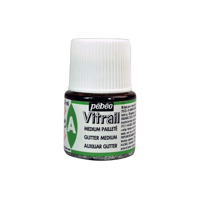 Vitrail Glitrové médium (Glitter medium) od Pébéo slúži na zmiešanie s farbami Vitrail a dosiahnutie trblietavého efektu.
Vitrail glitrové médium sa 