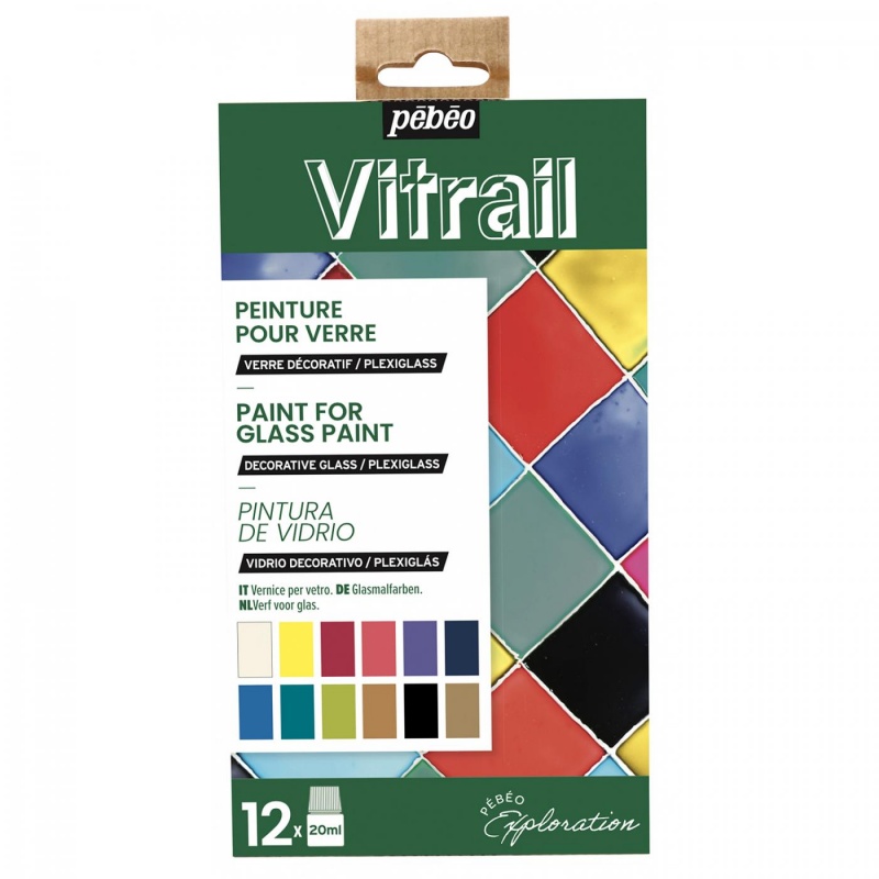 Farby Vitrail od Pébéo sú transparentné alebo nepriehľadné (opaque) farby založené na rozpúšťadlách vhodné na povrchy ako sklo, kovy, plátno, plex