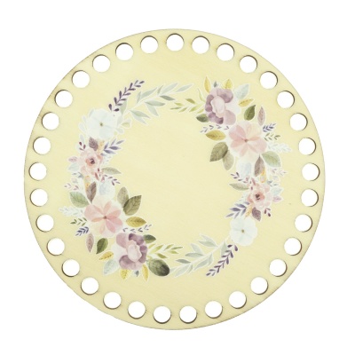 Drevené dno s potlačou, kruh, 15 cm, kvetinový veniec