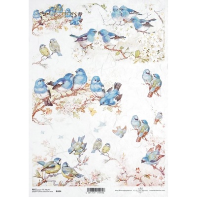 Ryžový papier na decoupage, A4, modré vtáčiky na konároch