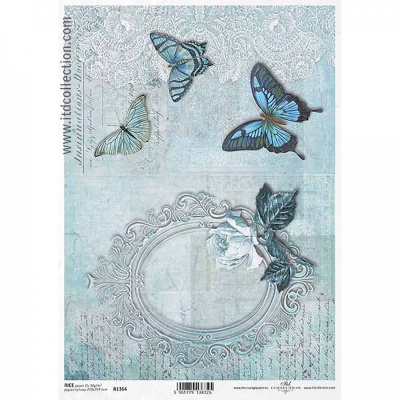 Ryžový papier na decoupage, A4, rám motýľ modrá