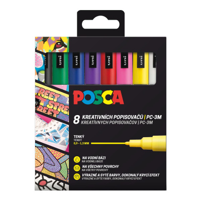 Uni POSCA, PC-3M, 1,3 mm, sada 8 ks fixiek, BASIC