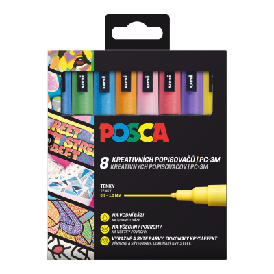 Uni POSCA, PC-3M, 1,3 mm, sada 8 ks fixiek, GLITTER