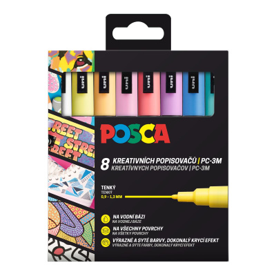 Uni POSCA, PC-3M, 1,3 mm, sada 8 ks fixiek, PASTEL