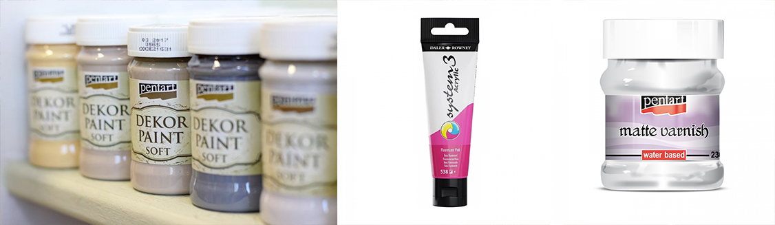 Produkty, ktor&eacute; budeme potrebovať na dekorovanie stoličky s&uacute; kriedov&eacute; farby Decor paint v ľadovej modrej, bielej a čiernej, taktiež neonov&eacute; farby D&R system 3 v žltom a ružovom odtieni a na koniec matn&yacute; lak.