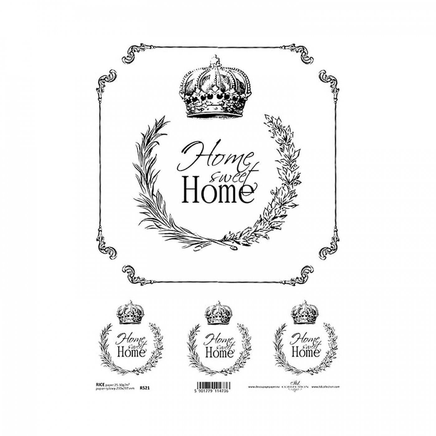 Ryžový papier na decoupage, A4, Home sweet home BW2