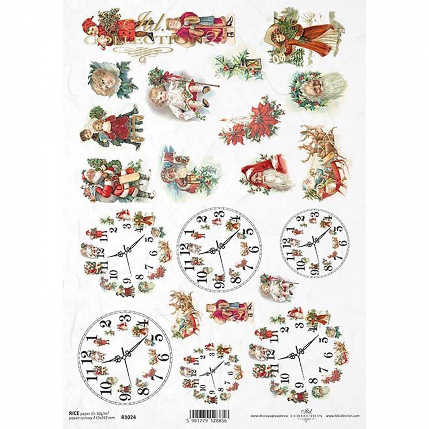 Ryžový papier na decoupage, A4, vianočné postavičky a hodiny