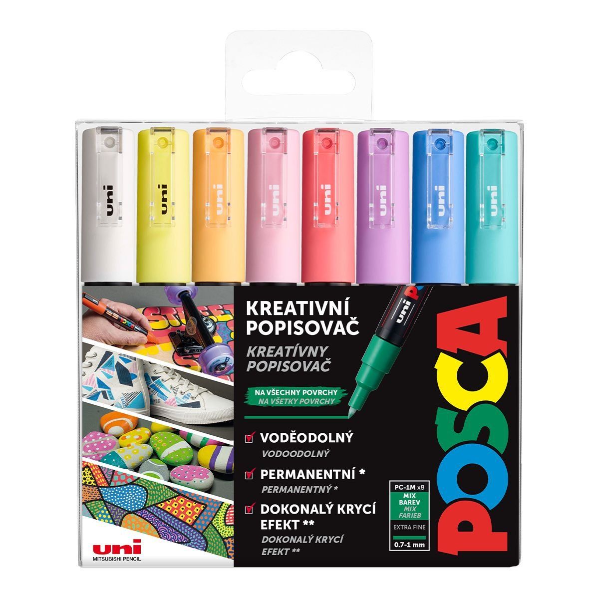 Uni POSCA, PC-1M, 0,7 mm, sada 8 ks fixiek PASTEL