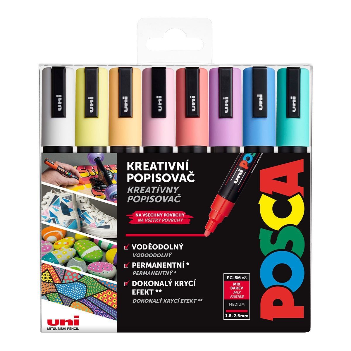 Uni POSCA, PC-5M, 2,5 mm, sada 8 ks fixiek, PASTEL