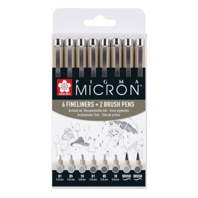 SAKURA Pigma Micron fineliner, sada 6 + 2 ks, Light Cool Gray & Cool Gray